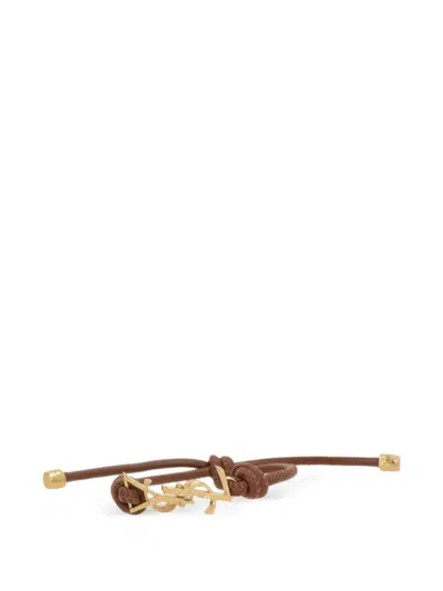 Saint Laurent Cassandre Leather Cord Bracelet In Brown