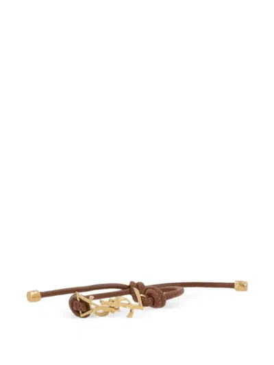 Saint Laurent Cassandre Leather Cord Bracelet In Brown