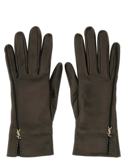 Saint Laurent Cassandre Leather Gloves In Black