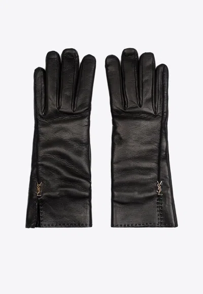 Saint Laurent Cassandre Leather Gloves In Black