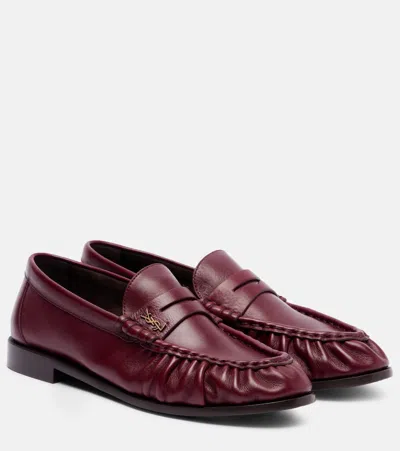 Saint Laurent Smooth Leather Loafer Featuring Ruched Detailing In Burgundy