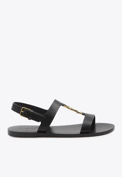 Saint Laurent Cassandre Leather Sandals In Black