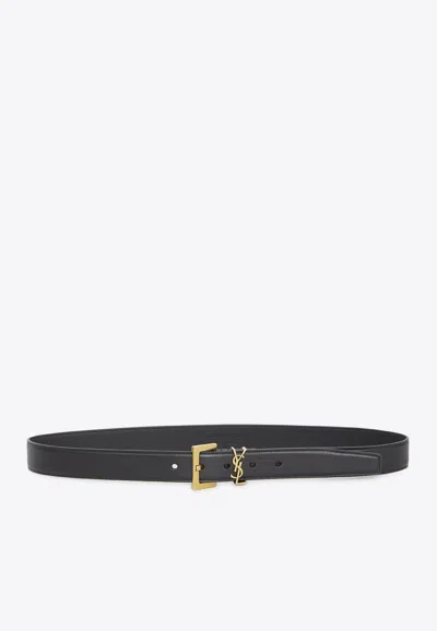 Saint Laurent Cassandre Leather Thin Belt In Black