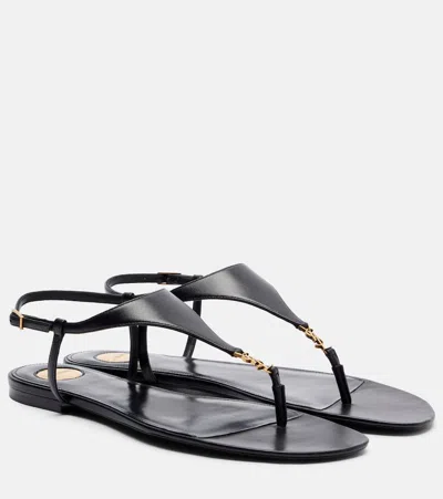 Saint Laurent Smooth Leather Cassandra Triangular Upper Flat Sandals Shoes In Black
