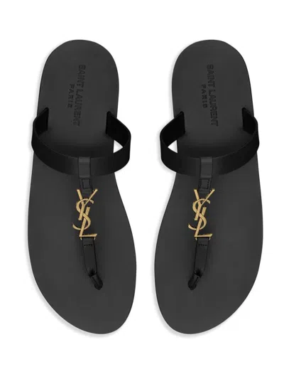 Saint Laurent Cassandre Leather Thong Sandals In Black