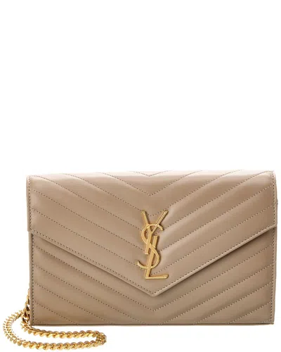 Saint Laurent Monogram Medium Matelasse Leather Wallet On Chain In Beige