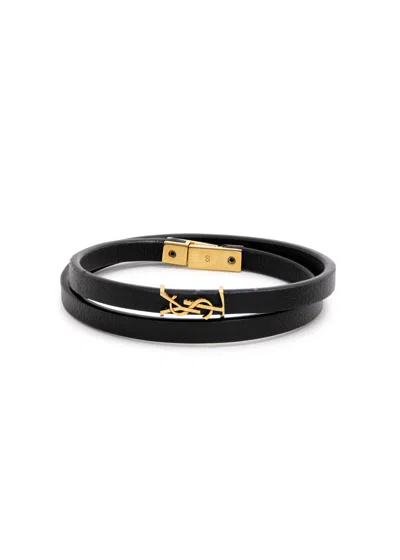 Saint Laurent Cassandre Leather Wrap Bracelet In Black