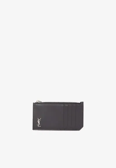 Saint Laurent Cassandre Leather Zip Cardholder In Black