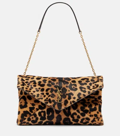 Saint Laurent Cassandre Leopard-print Calf Hair Shoulder Bag In Brown