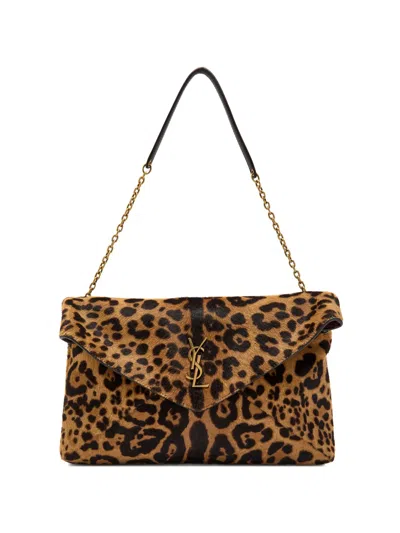 Saint Laurent Cassandre Leopard-print Chain Shoulder Bag In Brown