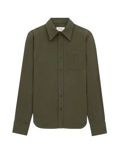 Saint Laurent Cassandre Linen And Cotton Shirt In Green