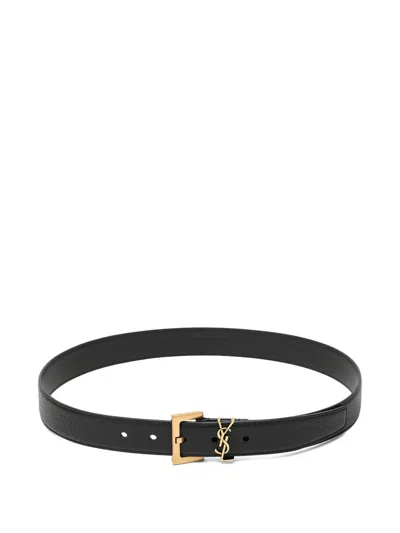 Saint Laurent Cassandre Black Leather Belt In Brown