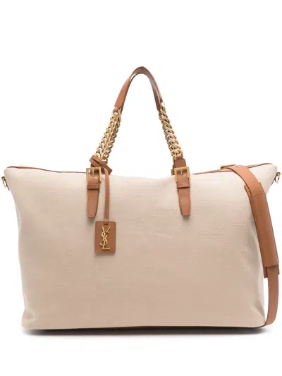 Saint Laurent Cassandre-logo Canvas Luggage Bag In Neutrals