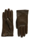 Saint Laurent Cassandre Logo Cashmere Lined Leather Gloves In Kaki/gold