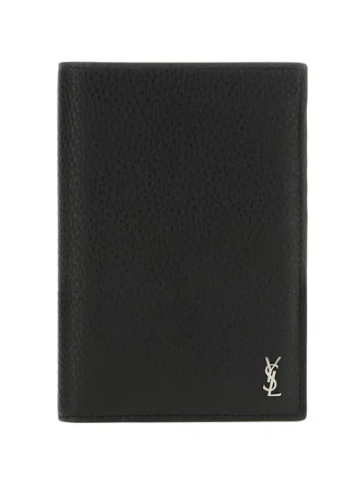 Saint Laurent Cassandre Logo-detail Leather Wallet In Black