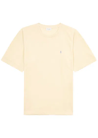 Saint Laurent Cassandre Logo-embroidered Cotton-blend T-shirt In Yellow