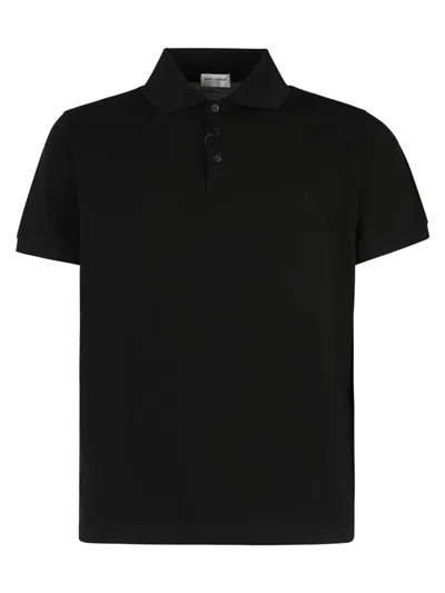 Saint Laurent Cassandre Logo Embroidered Polo Shirt In Black