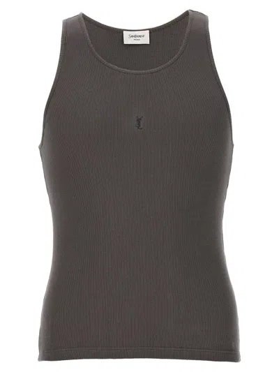 Saint Laurent Cassandre Logo Embroidered Tank Top In Brown