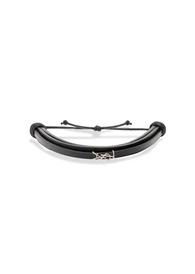 Saint Laurent Cassandre Logo Leather Bracelet In Black