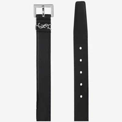 Saint Laurent Cassandre Logo Plaque Belt In Black