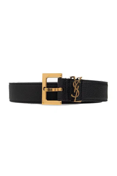 Saint Laurent Cassandre Logo Plaque Belt In Black