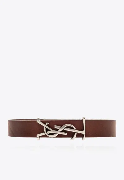 Saint Laurent Ysl Single Wrap Leather Bracelet In Brown