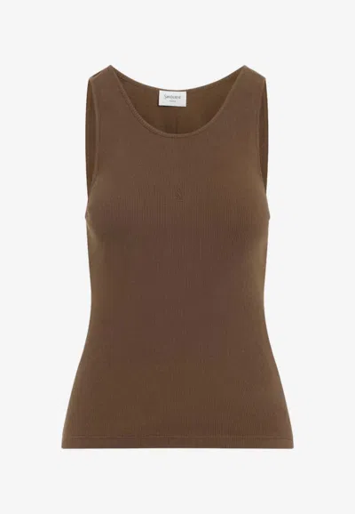 Saint Laurent Cassandre Logo Cotton Tank Top In Brown