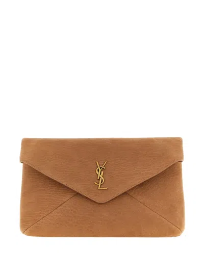 Saint Laurent Cassandre Logo-plaque Clutch Bag In Brown