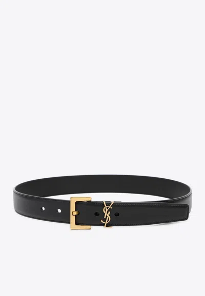 Saint Laurent Cassandre Loop Leather Belt In Black