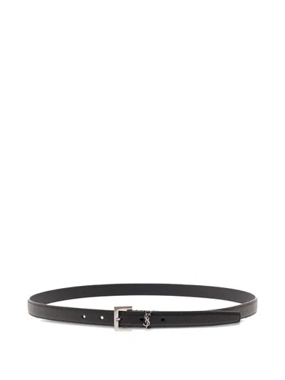 Saint Laurent Leather Belt With Metal Monogram In Black