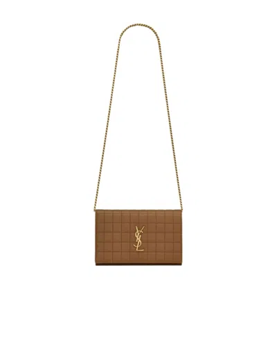 Saint Laurent Cassandre Matelassé Logo-plaque Clutch Bag In Brown