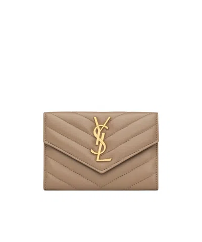 Saint Laurent Cassandre Matelassé Small Envelope Wallet In Lambskin In Brown