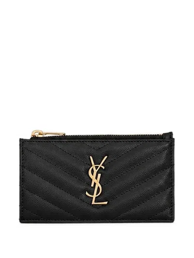 Saint Laurent Zip Fragments Ysl Monogram Pouch Card Case Wallet In Black