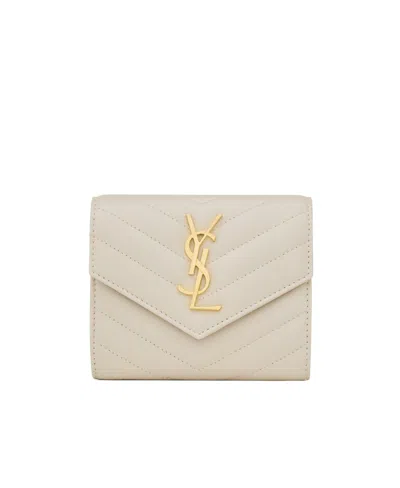 Saint Laurent Cassandre Matelassé Compact Tri Fold Wallet In Quilted Lambskin In Neutral