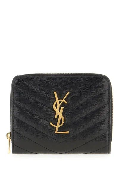 Saint Laurent Cassandre Matelassé Compact Zip Around Wallet In Grain De Poudre Leather Accessories In Black