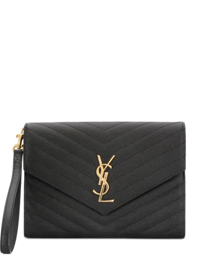 Saint Laurent Cassandre Flap Pouch In Grain De Poudre Leather In Black