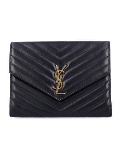 Saint Laurent Cassandre Matelassé Flap Pouch In Quilted Lambskin In Black
