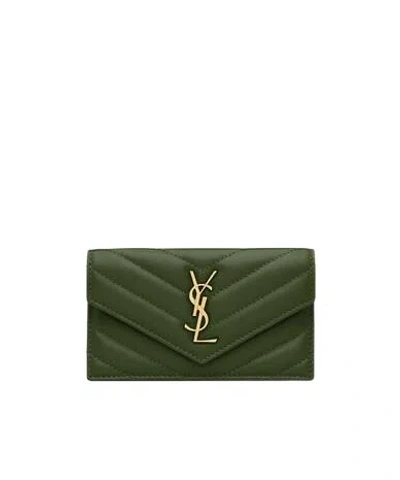 Saint Laurent Cassandre Matelassé Fragments Lambskin Card Holder With Flap In Green