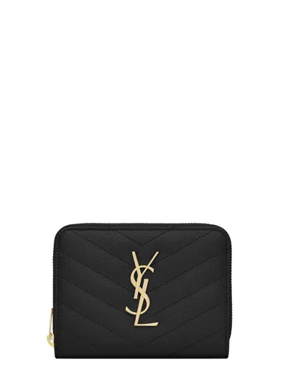 Saint Laurent Cassandre Matelassu00c9 Compact Zip Around Wallet In Grain De Poudre Leather In Black