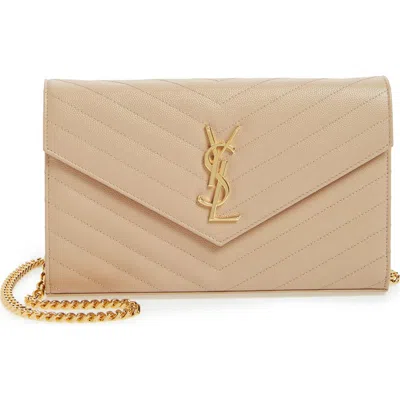 Saint Laurent Cassandre Matelassé Leather Wallet On A Chain In Neutral