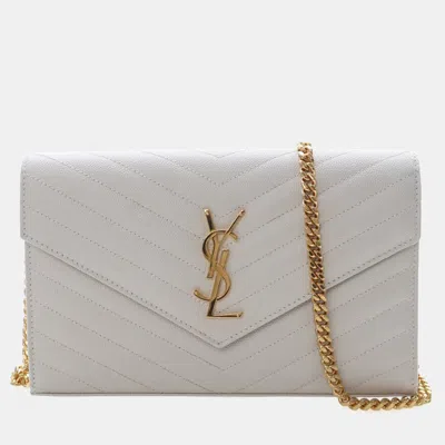 Pre-owned Saint Laurent Cassandre Matelasse Medium Grained Calfskin Leather Wallet On Chain Bag In White