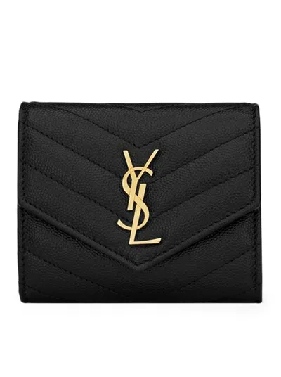 Saint Laurent Cassandre Matelassé Multi-folded Wallet In Grain De Poudre Embossed Leather In Black