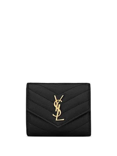 Saint Laurent Cassandre Matelassé Tri-fold Wallet In Grain De Poudre Leather Accessories In Black