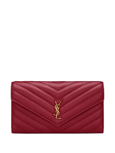 Saint Laurent Cassandre Fragments Flap Card Case In Lambskin In Burgundy