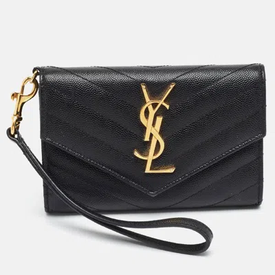 Pre-owned Saint Laurent Cassandre Matelassé Wristlet Wallet In Black