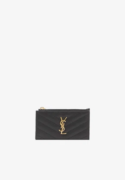 Saint Laurent Cassandre Matelassé Zip Cardholder In Black