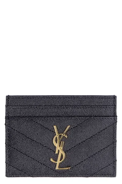 Saint Laurent Cassandre Matelassu00c9 Card Case In Grain De Poudre Leather In Black