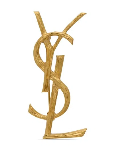 Saint Laurent Cassandre Metal Brooch With Engraved Texture Accessories In Light Satin Gold