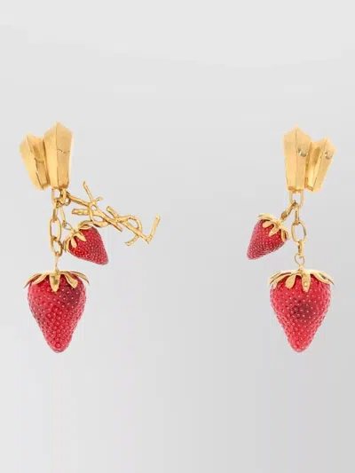 Saint Laurent Cassandre Metal Resin Drop Earrings Strawberry In Gold