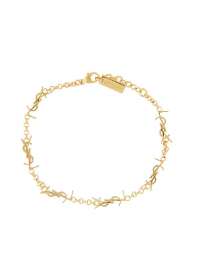 Saint Laurent Cassandre Mini Cuff Bracelet In Brushed Brass In Black